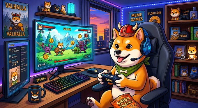 A cartoon illustration of an anthropomorphic Shiba Inu dog wearing a headset and viking helmet, sitting at a gaming setup and playing a game called 'Valhalla' on the monitor, surrounded by Floki and Shiba Snacks merchandise.