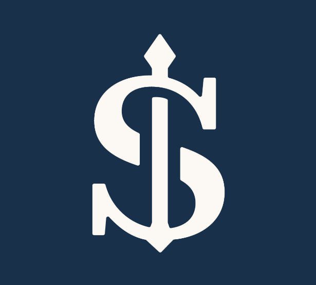 A white monogram logo featuring interlocking stylized letters 'S' and 'D' with a diamond shape at the top, set against a solid navy blue background.