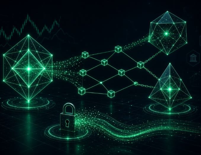 A digital illustration depicting green geometric shapes (icosahedrons, cubes, a pyramid) connected by network lines and a padlock, with a stylized stock chart in the background, representing blockchain or crypto security concepts.
