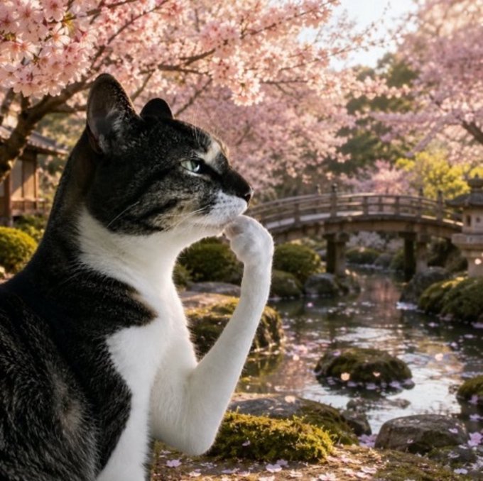 A black and white cat sitting by a pond in a Japanese garden, posed thoughtfully with one paw near its face, surrounded by blooming cherry blossom trees and a stone bridge.