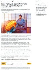A blurry screenshot of a news article titled 'A new digital gold: Japan's first crypto exchange approval in 4 years,' featuring a man in glasses and a blue shirt looking at a computer screen.