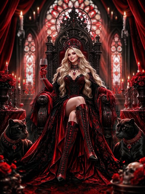 A gothic fantasy illustration of a blonde woman with long wavy hair seated on an ornate dark throne, wearing a flowing red and black gown with matching red boots and a crown, holding a glass of red wine, flanked by two black panthers in a candlelit red chamber with stained glass windows.