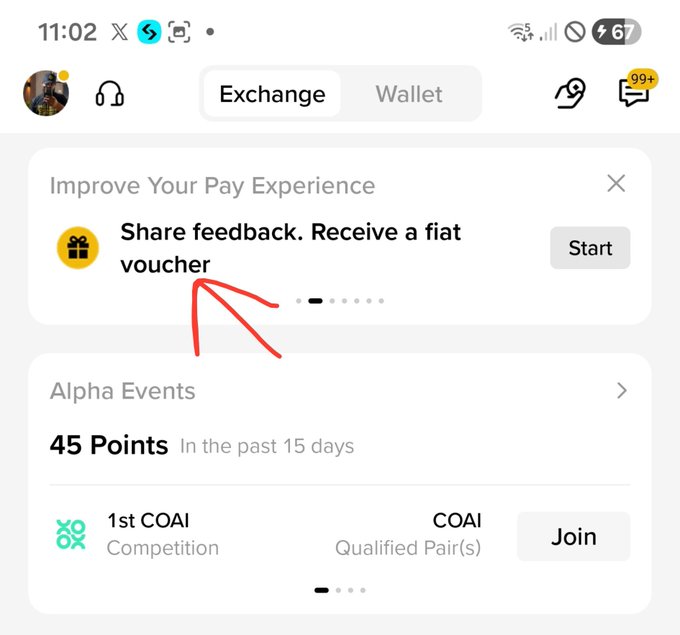 The image shows a Binance app screen displaying a "Share feedback. Receive a fiat voucher" prompt under "Improve Your Pay Experience," with a red arrow pointing to it, alongside an "Alpha Events" section showing 45 Points earned in the past 15 days from the "1st COAI Competition." This visually supports the post, which describes how the user completed the Binance Pay User Survey to become eligible for a 5 USDT fiat voucher reward.