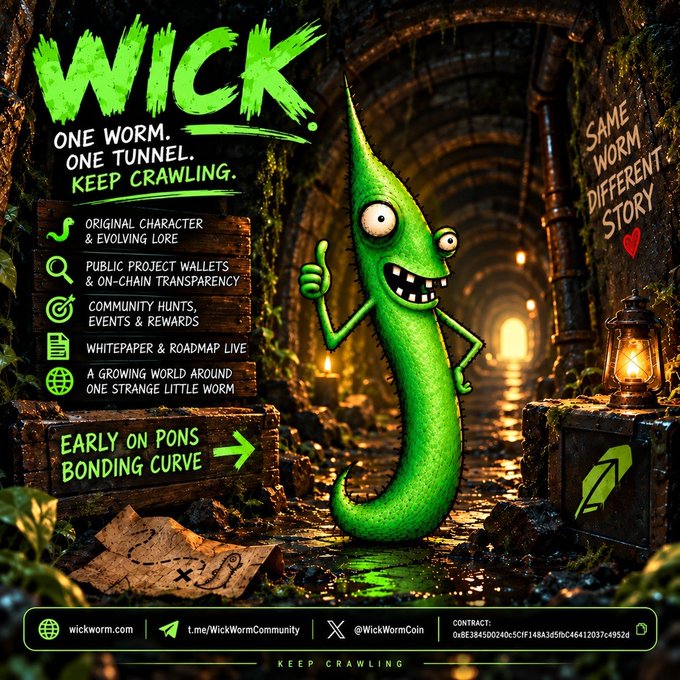 A promotional poster for the WICK meme coin featuring a green cartoon worm giving a thumbs-up in a dimly lit tunnel, with text highlighting "WICK: ONE WORM, ONE TUNNEL, KEEP CRAWLING" and listing features like original character lore, public project wallets, community hunts, and a live whitepaper, alongside a callout that it's "EARLY ON PONS BONDING CURVE," a "SAME WORM DIFFERENT STORY" tagline, and the contract address 0x8E3845002D0c5Cf1488A365D6C46412037c4952d — directly illustrating the post's announcement of the coin's early bonding curve phase and community-driven features.