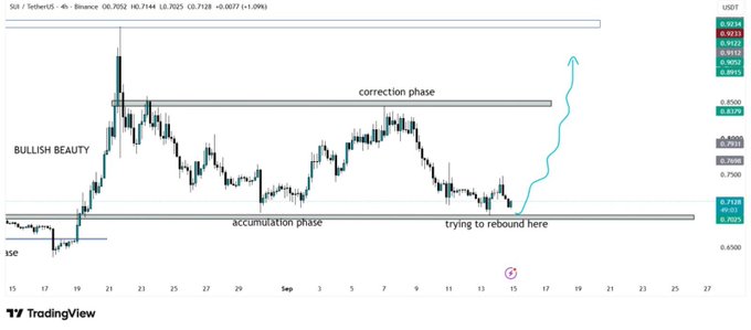 A TradingView 4-hour SUI/USDT chart showing a bullish structure with annotations including 'BULLISH BEAUTY', 'correction phase', 'accumulation phase', and 'trying to rebound here'.