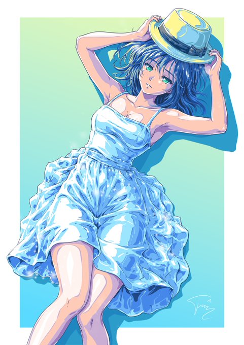 Anime-style illustration of a blue-haired girl in a shimmering blue dress posing with a yellow hat against a green background.