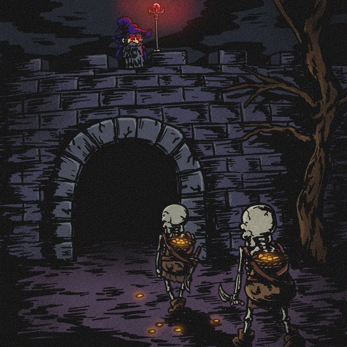 A pixel art illustration depicts two skeletons carrying sacks of gold coins approaching a dark stone archway, with a small wizard character on top holding a glowing staff.