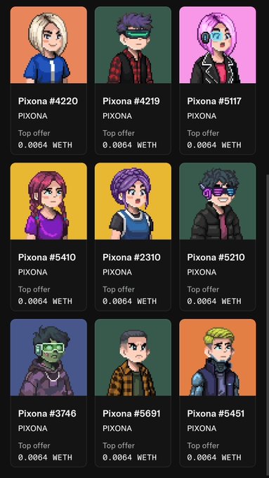 A grid displays nine Pixona NFT character avatars with their IDs (#4220, #4219, #5117, #5410, #2310, #5210, #3746, #5691, and #5451), each listed with a top offer of 0.0064 WETH, showcasing the user's revealed NFT collection.
