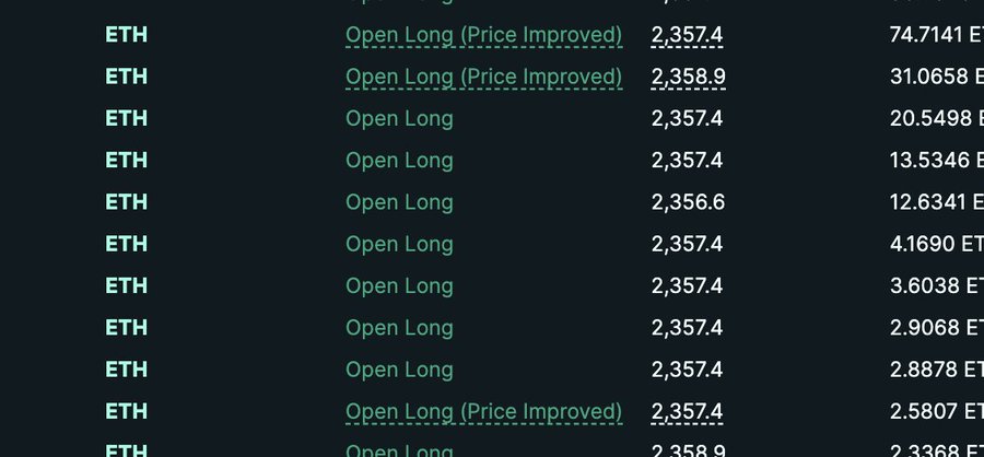 A trading interface showing multiple ETH 'Open Long' orders at prices around 2,357.4-2,358.9, with several marked as 'Price Improved' and varying position sizes.