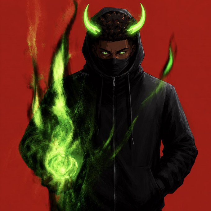 Digital artwork of a hooded figure wearing a dark mask, with glowing green horns and a hand engulfed in green flame energy against a solid red background.