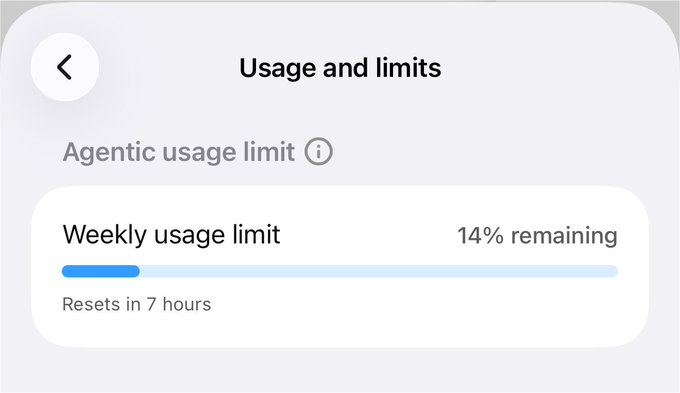 A "Usage and limits" screen showing an "Agentic usage limit" with a weekly usage bar at 14% remaining, resetting in 7 hours. The image illustrates the user's leftover weekly tokens they are asking about mining or reselling for bitcoin.