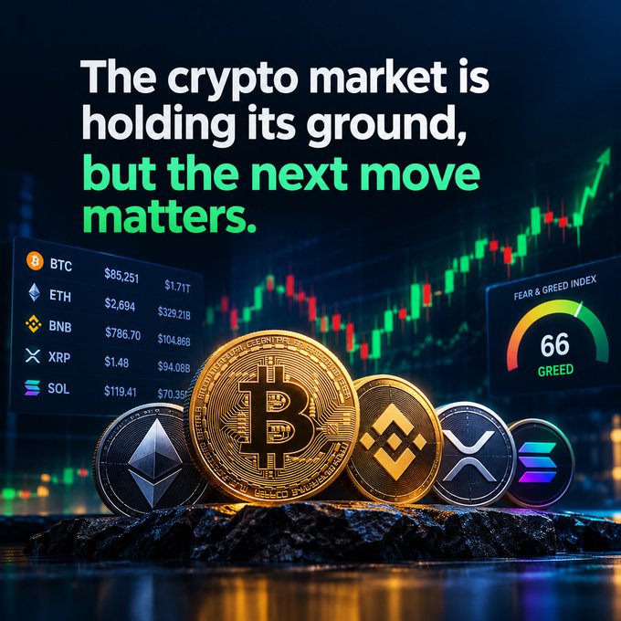 A cryptocurrency promotional graphic showing the text 'The crypto market is holding its ground, but the next move matters,' alongside prices for BTC ($85,251), ETH ($2,694), BNB ($786.70), XRP ($1.48), and SOL ($119.41), with a Fear & Greed Index reading of 66 (Greed).