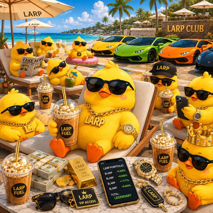 An AI-generated illustration of yellow chick characters lounging at a beach club called 'LARP CLUB', wearing sunglasses and gold chains, holding 'LARP FUEL' drinks, surrounded by luxury cars, gold bars, cash, and a phone showing a 'LARP PORTFOLIO'.