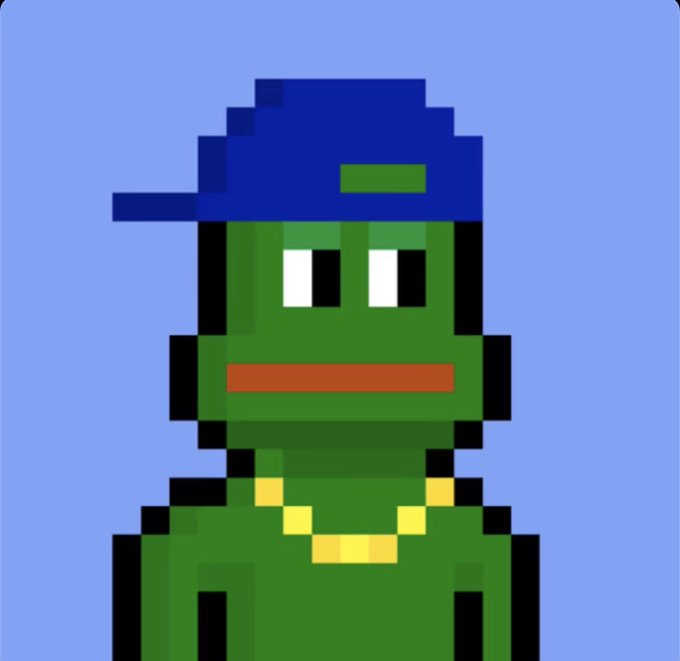 A pixel art image of a green frog-like character wearing a blue baseball cap and a gold chain against a light blue background.