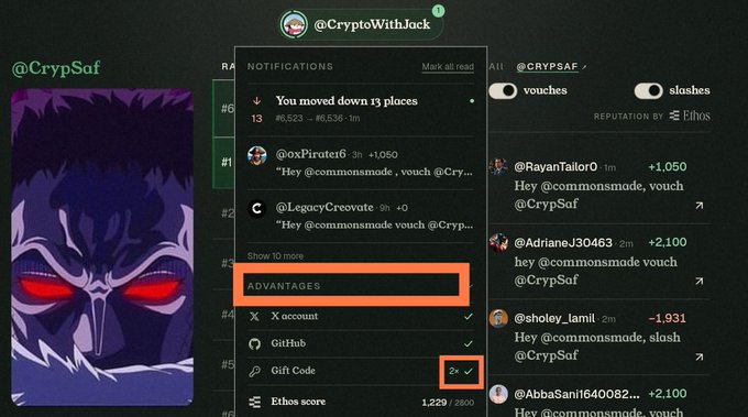 The image displays a dark-themed social platform profile page for @CrypSaf featuring a purple/red avatar, a notification dropdown showing the user moved down 13 places, and an "ADVANTAGES" menu where the "X account" and "Gift Code" options are highlighted with red boxes, illustrating the post's advice to ensure GitHub is connected and to use the gift code "love" before vouching.