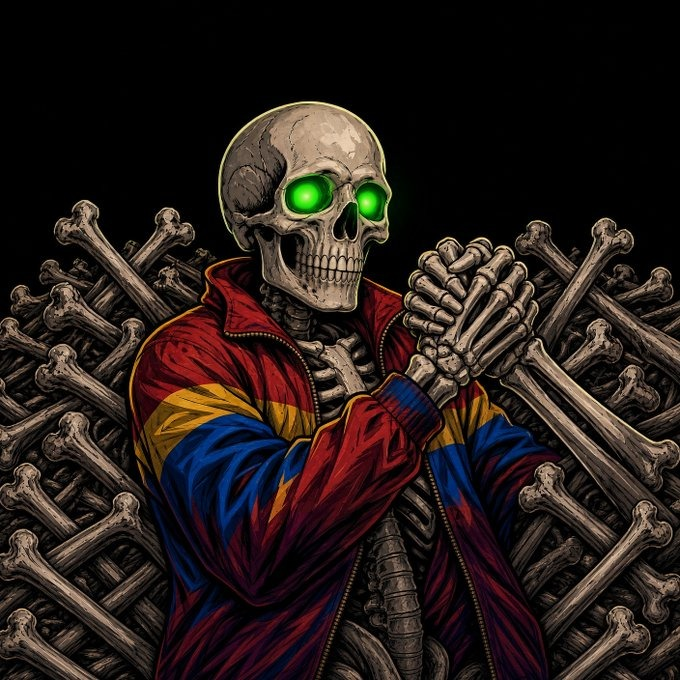 An illustrated skeleton with glowing green eyes wearing a colorful jacket with red, yellow, and blue stripes, clasping its bony hands together against a pile of bones on a black background.