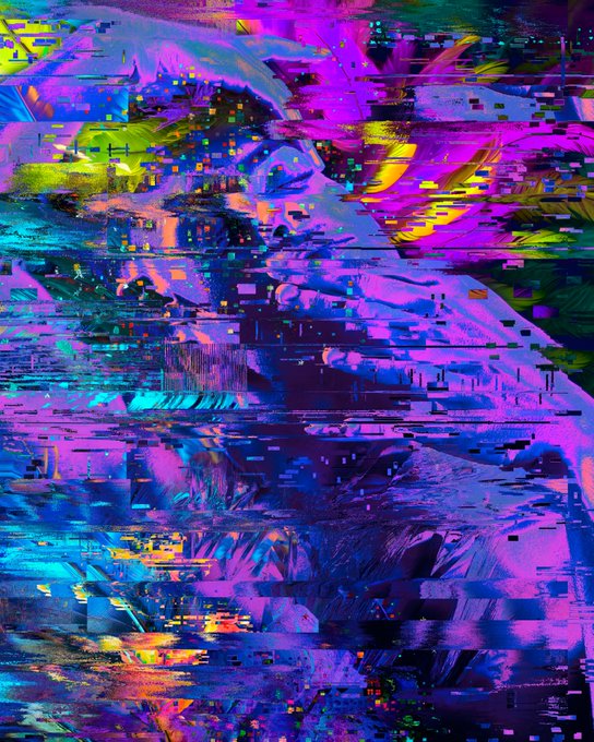 An abstract digital artwork with vibrant glitch art aesthetics, featuring bright neon colors like pink, blue, yellow, and purple with pixelated distortion effects.