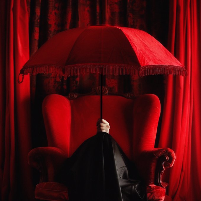 A dramatic red-toned photograph of a person in dark clothing holding a red umbrella while seated in a red velvet wingback chair against red curtains.