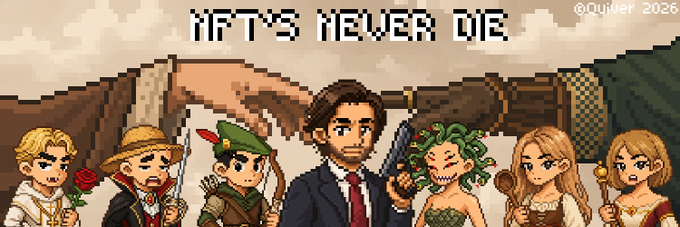 A pixel art banner titled "NFT'S NEVER DIE" by @Quiuer 2026 shows a lineup of characters including a knight, vampire, archer, a suited man with a gun, and other fantasy figures, parodying NFT resilience. The image humorously reinforces the post's message about the "GTD Phase" being restored after an RPC rate limit issue—symbolizing that, like these iconic heroes, the NFT project refuses to stay down.