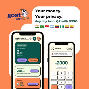 An advertisement for 'goat cash' with the tagline 'Your money. Your privacy.' promotes paying local QR payments with USDC, showing phone screens with balance and payment interface.