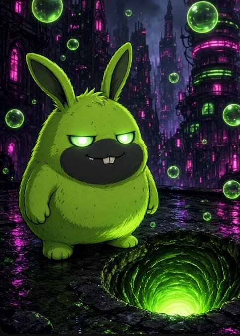 A stylized illustration of a green, furry rabbit-like creature with glowing eyes standing in a dark fantasy cityscape near a glowing green portal, with bubbles floating around.