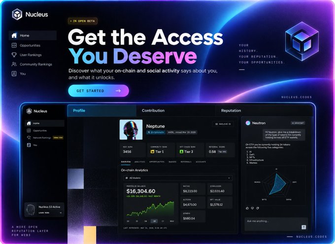 A promotional graphic for "Nucleus" with the tagline "Get the Access You Deserve," highlighting on-chain and social activity analytics, featuring a user profile for "Neptune" with a portfolio value of $16,304.60 and various data metrics.