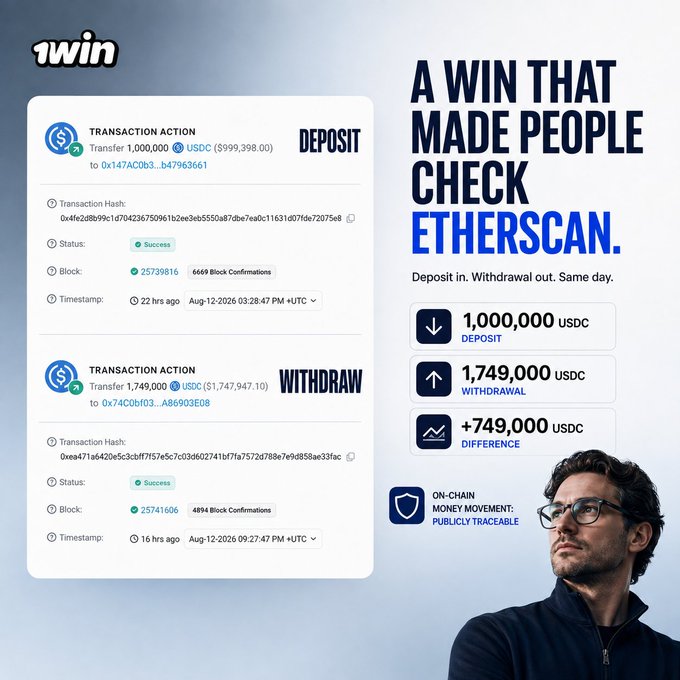 Promotional graphic titled 'A WIN THAT MADE PEOPLE CHECK ETHERSCAN' showing deposit and withdrawal transactions of USDC, totaling a +749,000 USDC difference, alongside an image of a man with glasses.