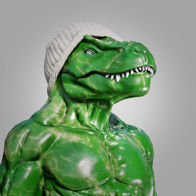 A 3D render shows a green reptilian humanoid creature with sharp teeth wearing a white beanie against a gray background.