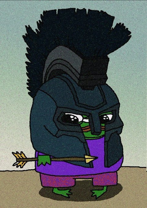 A Pepe the Frog character wearing a Spartan helmet and holding an arrow stands in a simple scene, accompanying the "gm" (good morning) greeting typically used in crypto communities.