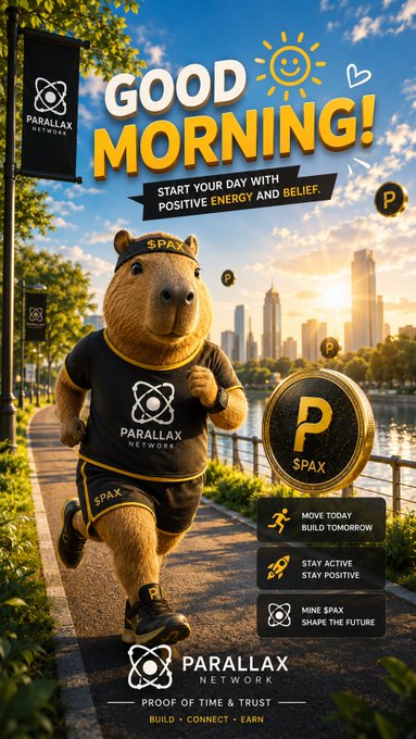 A promotional graphic featuring a bear mascot in a 'SPAX' and 'Parallax Network' athletic outfit jogging along a city path, with 'GOOD MORNING! START YOUR DAY WITH POSITIVE ENERGY AND BELIEF' and branding for Parallax Network.