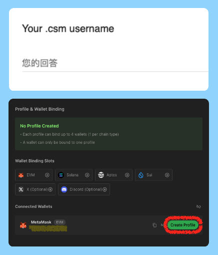A 'Profile & Wallet Binding' interface showing a '.csm username' input field and a 'Create Profile' button circled in red for the connected MetaMask wallet.