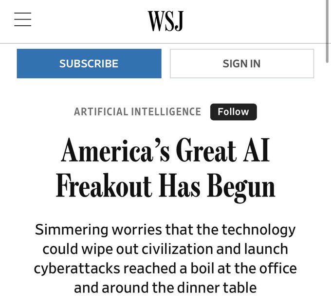 A Wall Street Journal article headlined "America's Great AI Freakout Has Begun" discusses simmering worries that AI could wipe out civilization and launch cyberattacks, highlighting growing public concern about AI risks.

The image relates to the post by illustrating the rising public anxiety around AI—fear that could spook investors and hurt speculative "AI"-branded altcoins, while bolstering safer bets like stablecoin issuers (Circle), Ethereum's payment infrastructure, and Coinbase.