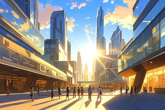 The image depicts a bustling city scene with people walking around, some of them carrying backpacks or handbags. The sun is shining brightly, casting shadows and highlighting the architecture of the buildings. The sky above appears hazy, adding depth and atmosphere to the scene. The overall mood seems lively and energetic, reflecting the vibrancy of urban life.