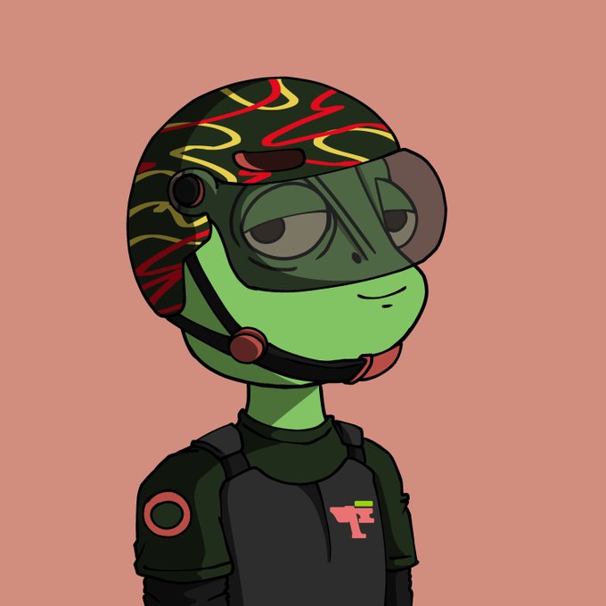 A digital cartoon illustration of a green-skinned character wearing a black helmet with flame patterns and a black tactical vest against a pink background.