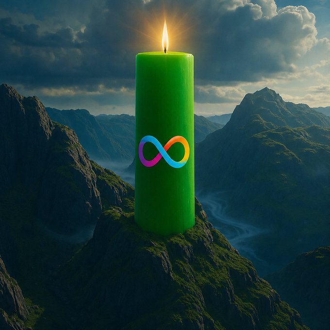 Surreal digital artwork featuring a large green candle with a colorful infinity symbol on it, lit against a dramatic backdrop of mountains, clouds, and a winding river.