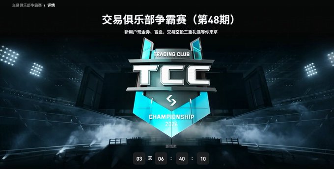 The image features an advertisement for a trading club championship called TCC. The poster displays a blue shield with white text that reads "TCC Trading Club Championship" and "48th Bitget Club Championship", indicating the event's theme and location. The poster also includes details about the event, such as the timeframe (June 17 to June 23) and the prize pool for old users who reach a buy trading volume of 25,000 US dollars.