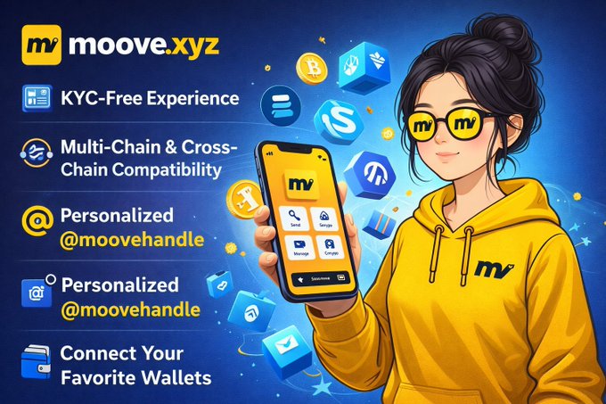 The image shows a woman holding up her phone displaying an app called "moovexyz" against a blue background, which has various icons related to cryptocurrency and mobile payments. The post explains that this app allows users to move assets across multiple blockchains without dealing with unnecessary complexity, making it easier for people to invest in cryptocurrencies or use them as part of their financial transactions.