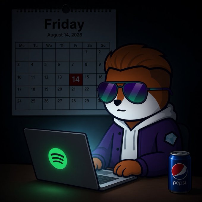 A digital illustration of a dog character wearing sunglasses and a purple jacket working on a laptop with a Spotify logo, with a Pepsi can nearby and a calendar showing Friday, August 14, 2026.
