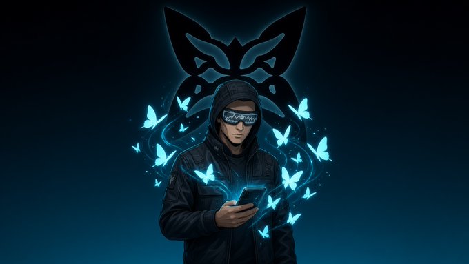 A digital illustration of a hooded figure wearing futuristic visor glasses and holding a smartphone, surrounded by glowing blue butterflies against a dark background.