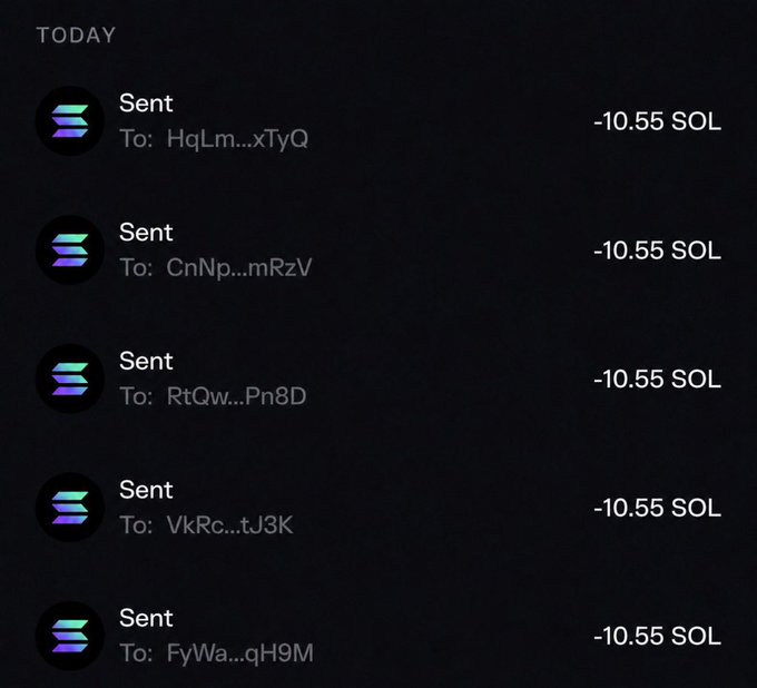 A screenshot of five "Sent" transactions on a Solana wallet, each sending -10.55 SOL to different recipient addresses. The image supports the airdrop claim by showing the creator distributing SOL to multiple wallets, illustrating the giveaway activity advertised in the post.
