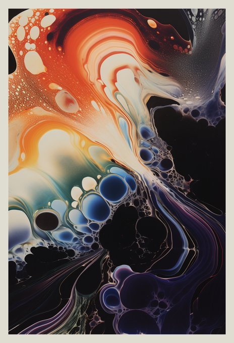 An abstract digital artwork featuring swirling, fluid patterns of orange, white, blue, and black that resemble ink dropped in water or a cosmic nebula.