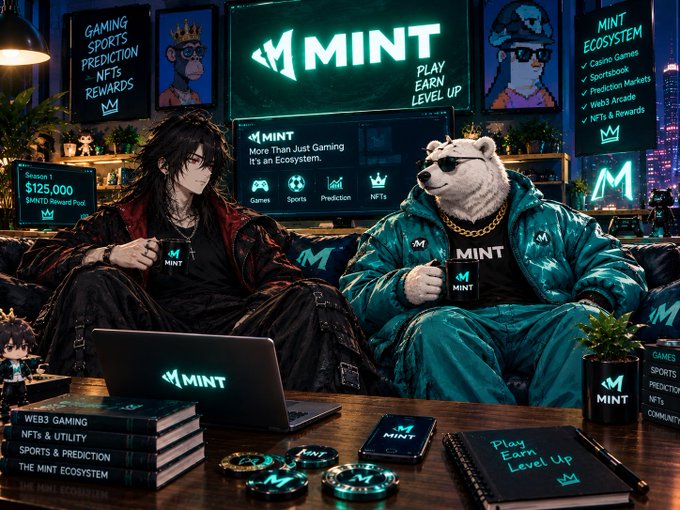 A stylized promotional image for "MINT" showcases characters in branded apparel surrounded by books, coins, and a laptop, emphasizing gaming, prediction markets, sportsbooks, and NFTs.