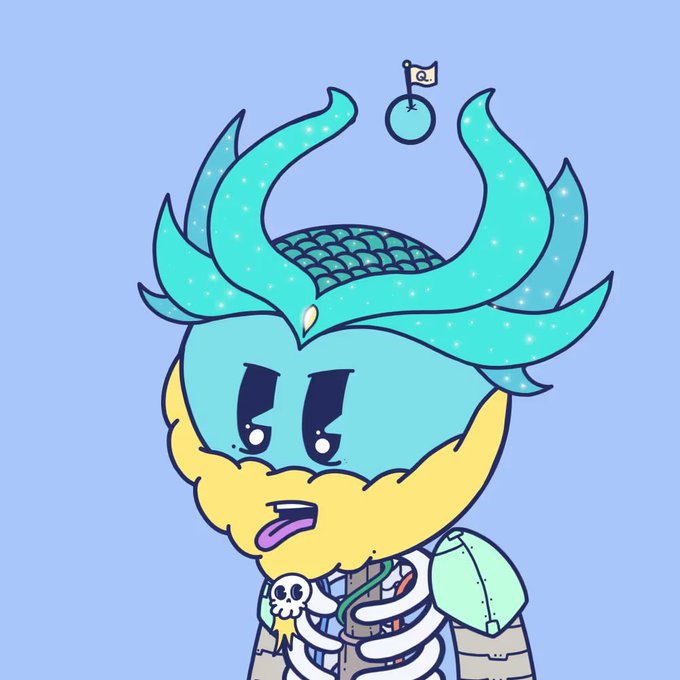 Illustration of a cartoon character with a blue and yellow face, wearing a sparkling teal horned helmet with an 'XRP' logo flag on top, and a skeleton-themed outfit with a skull emblem on the chest.