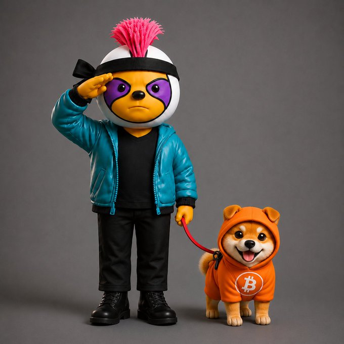 A figurine of a character with a yellow dog-like face, a pink mohawk, and a blue jacket salutes while holding a leash attached to a small Shiba Inu dog wearing an orange hoodie featuring the Bitcoin logo.