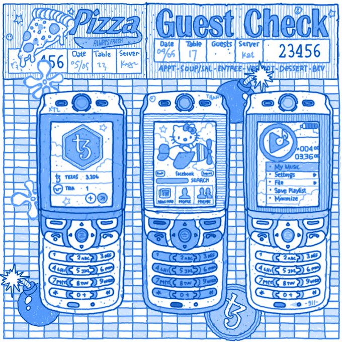 A blue-toned hand-drawn illustration styled like a 'Pizza Guest Check' receipt, dated 09/06/06, Table 17, Server Kat, featuring three detailed cell phones displaying different screens (t3 logo, Hello Kitty Facebook search, and a music settings menu).