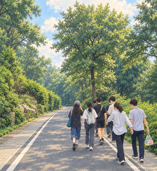 A group of people walk down a tree-lined road on a sunny day, with lush green foliage on both sides.