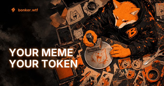 A digital illustration featuring an anthropomorphic fox in a hoodie working with metal tools, alongside the bold text 'YOUR MEME YOUR TOKEN' and a 'bonker.wtf' logo.