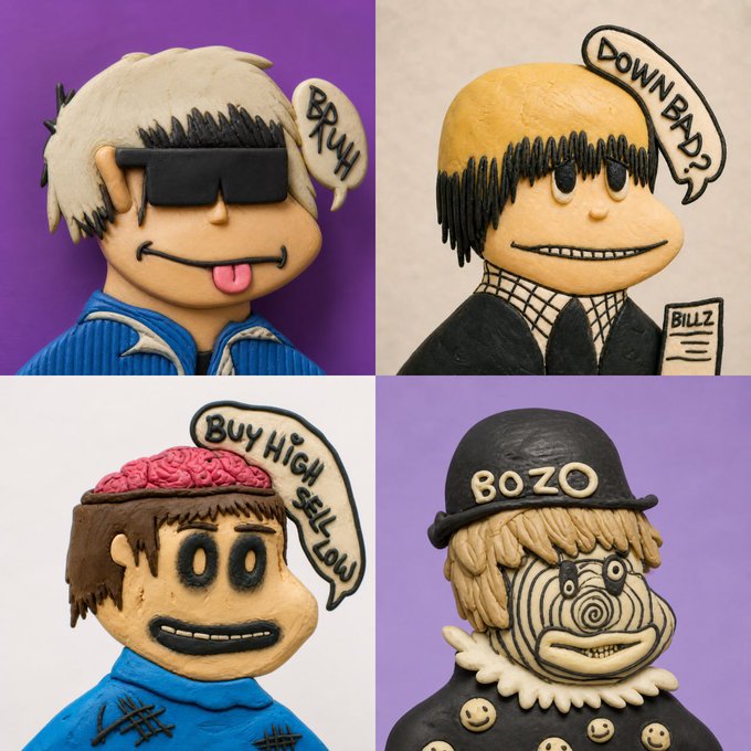 A collage of four claymation-style characters with speech bubbles reading 'BRUH', 'DOWN BAD?', 'BUY HIGH SELL LOW', and 'BOZO' on a hat.