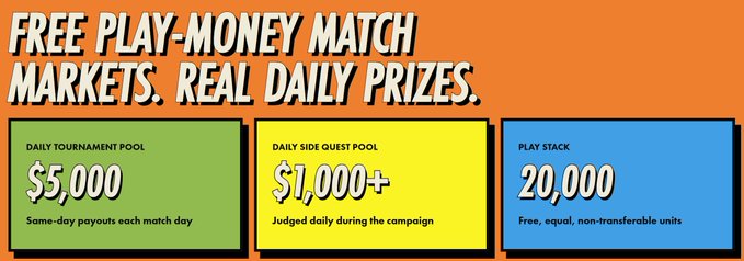 A promotional graphic for a free play-money prediction tournament featuring a $5,000 daily tournament pool, $1,000+ daily side quest pool, and 20,000 free play stack credits, tied to the post announcing the Cade Cup sponsored by the Solana Foundation.