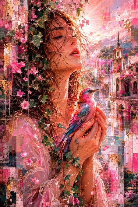 A digital art illustration depicting a woman with closed eyes in a pink dress holding a vibrant pink and blue bird, surrounded by flowers and set against a dreamy architectural background.